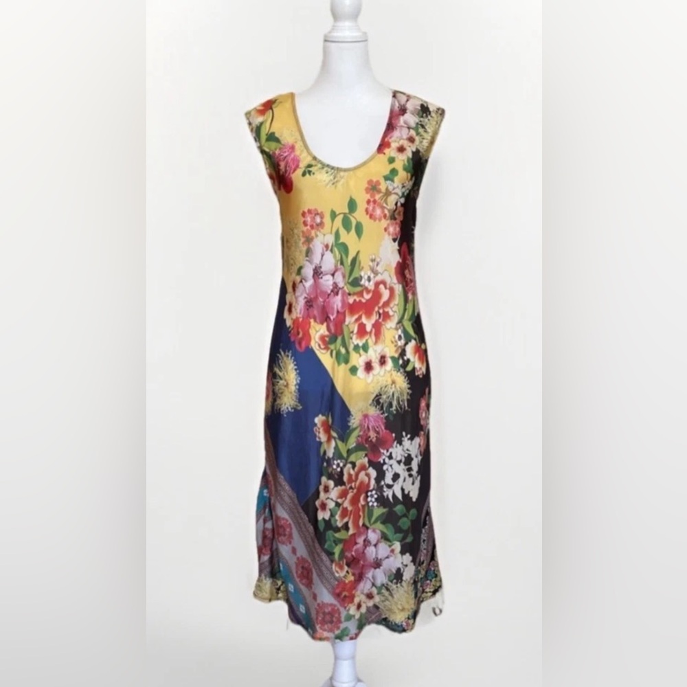 Johnny Was Aura Floral Patchwork 100% Silk Midi Slip Dress Sz XS
